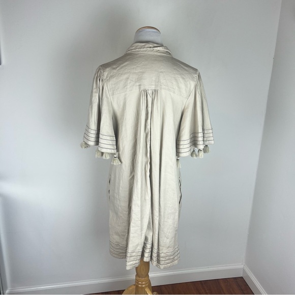 Anthropologie Maeve Collared Linen Button-Front Tassel Mini Dress Cream Size M - Picture 5 of 7